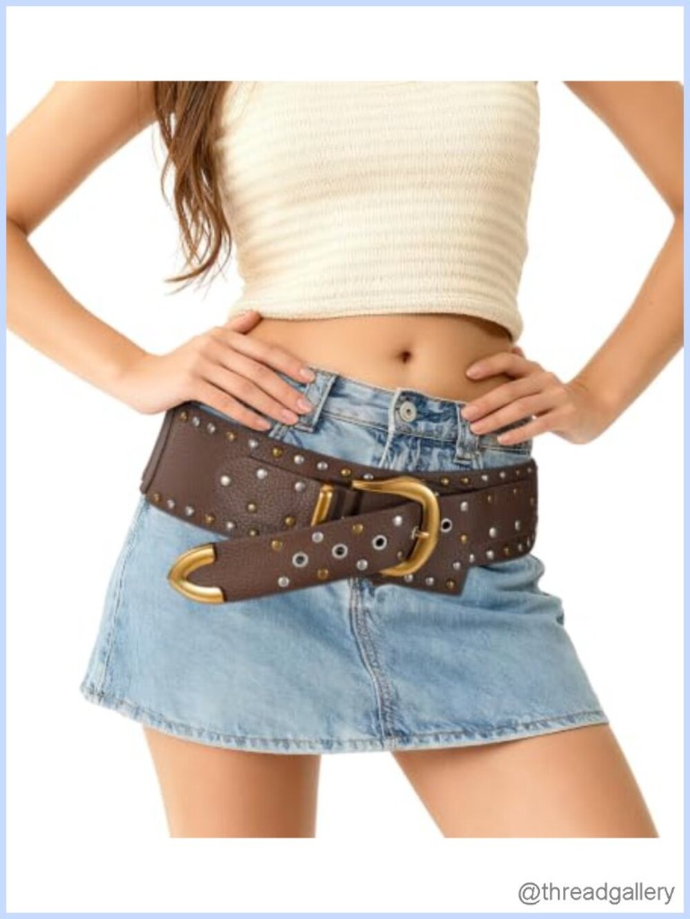 Women's Wide Studded PU Leather Belt with Gold Buckle & Elastic Back